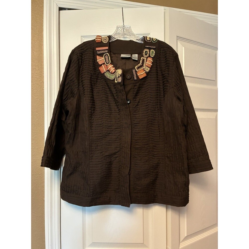 Chico's Burundi Beat Bernita Beaded Pleated Brown Blazer Size 3 XL Jacket